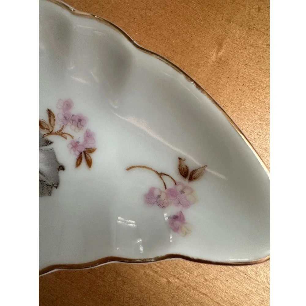 Andrea by Sadek Floral Crescent Bone Dish Pink Grey Gold Gilt Japan 7753 Vintage